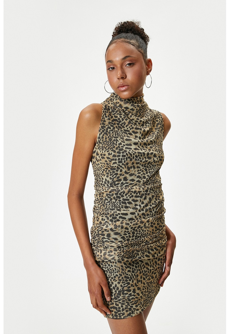 Rochie mini fara maneci cu animal print si model drapat