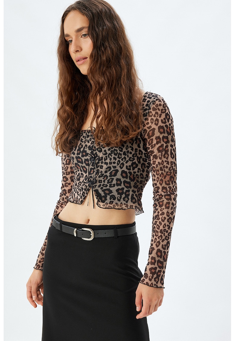 Bluza crop cu animal print - Negru/Maro