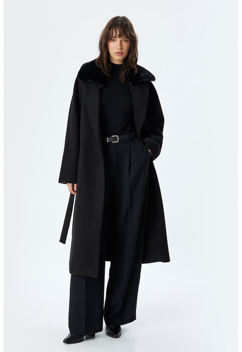 Palton cu garnituri din blana sintetica - Negru
