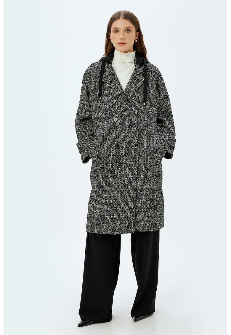Palton cu douna randuri de nasturi si gluga Palton cu douna randuri de nasturi si gluga