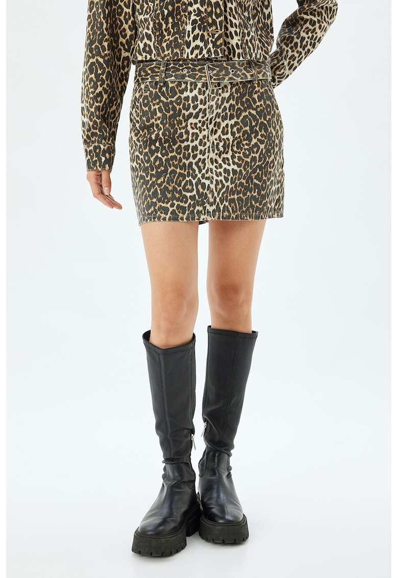 Fusta mini cu animal print - Negru/Maro deschis