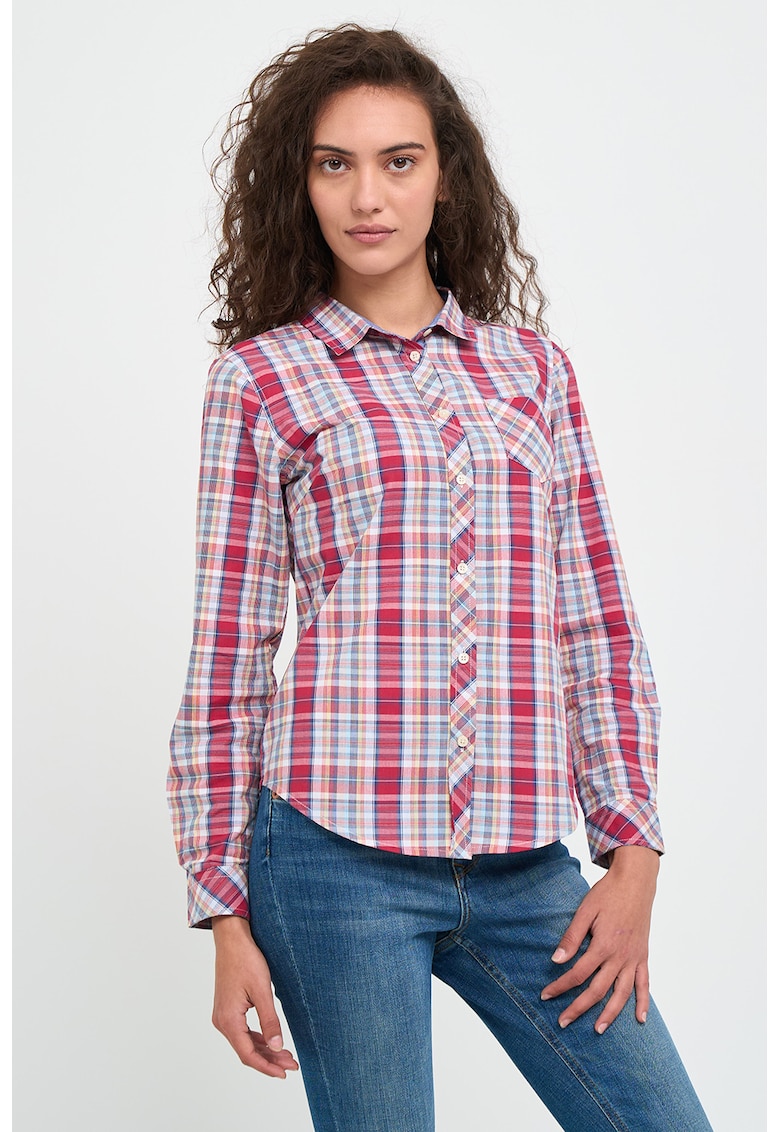 Camasa de bumbac cu model in carouri si buzunar aplicat