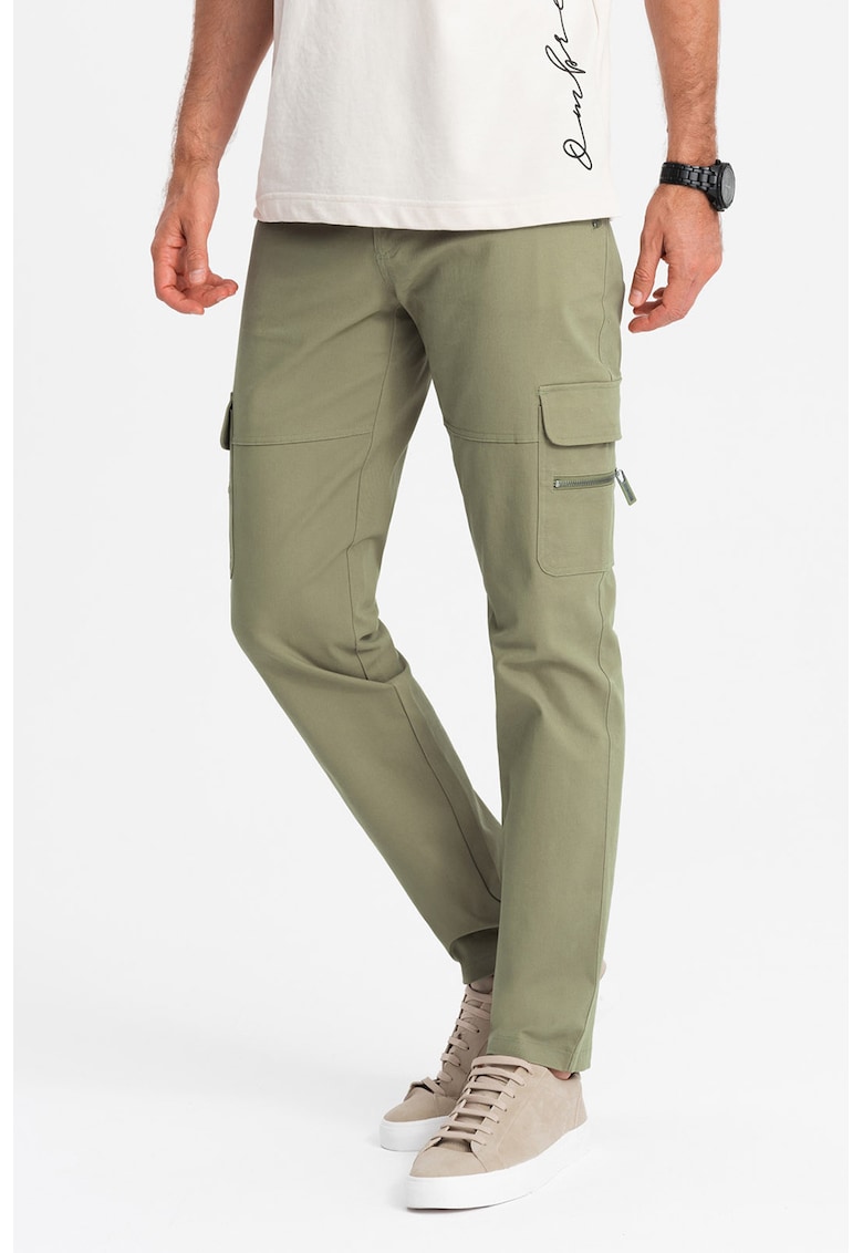 Pantaloni cargo cu croiala dreapta si buzunare cu fermoar - Verde sparanghel