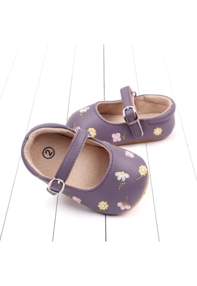 Pantofi Cu Floricele Colorate Brodate - Casual - Piele ecologica - Fete - Velcro - Mov