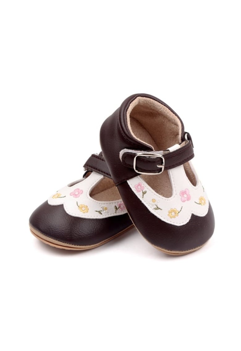Pantofi Cu Floricele Colorate Brodate - Casual - Piele ecologica - Fete - Velcro - Alb - Maro