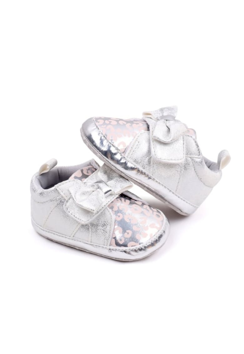 Pantofi Cu Imprimeu Si Fundita - Casual - Piele ecologica - Fete - Velcro - Argintiu