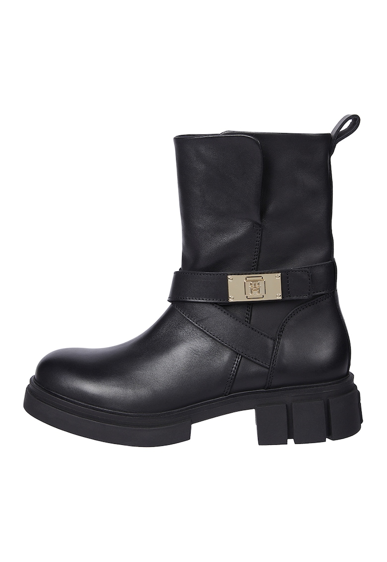 Cizme de piele cu fermoar si monograma - Negru