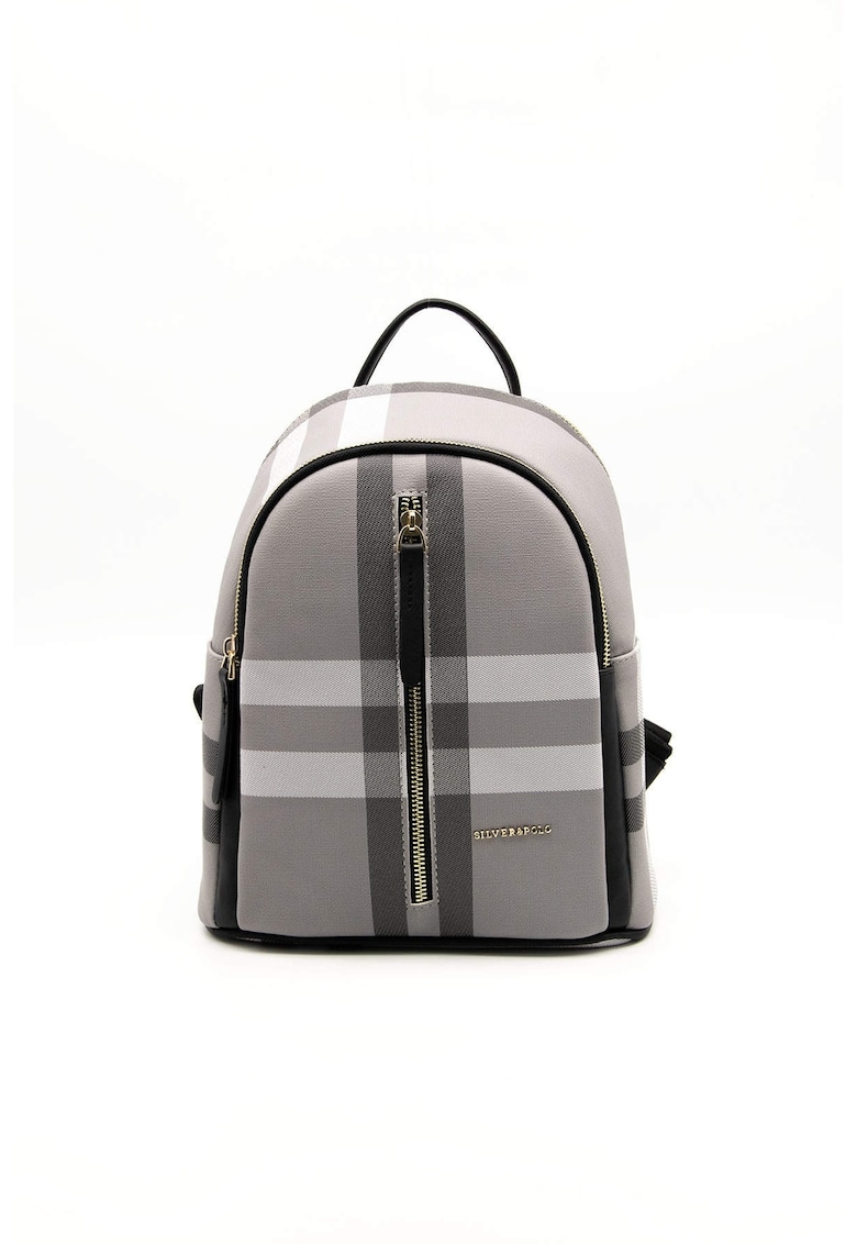 Rucsac din piele ecologica cu model in carouri - Gri deschis/Gri inchis