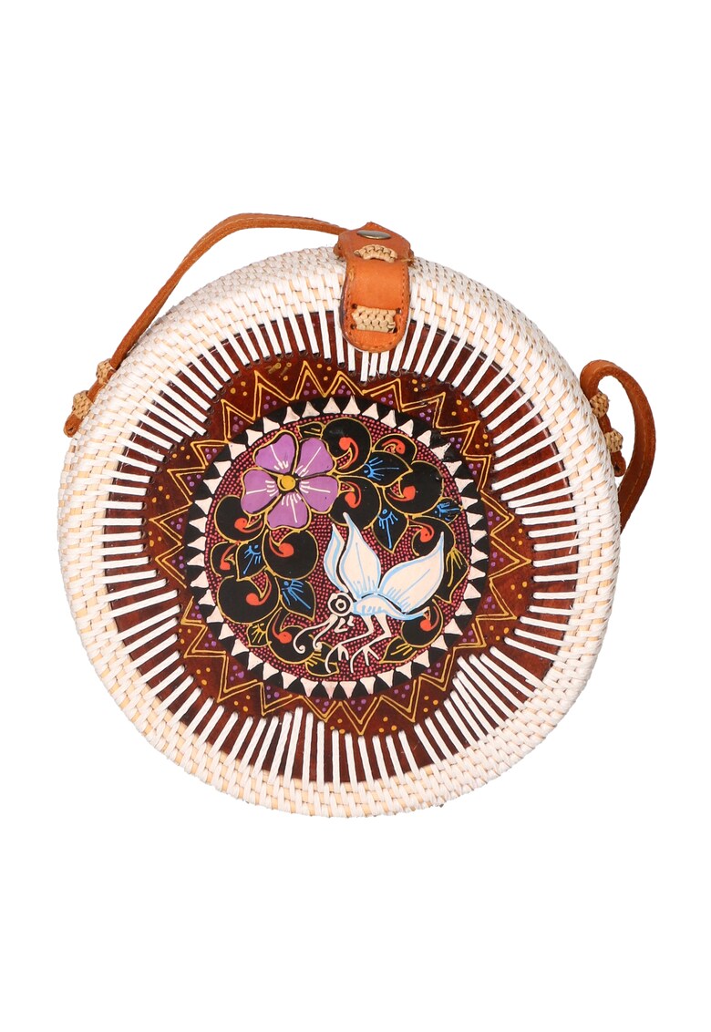 Geanta crossbody din paie - Maro inchis/Alb fildes