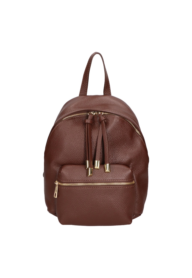 Rucsac din piele cu buzunar frontal cu fermoar - Maro