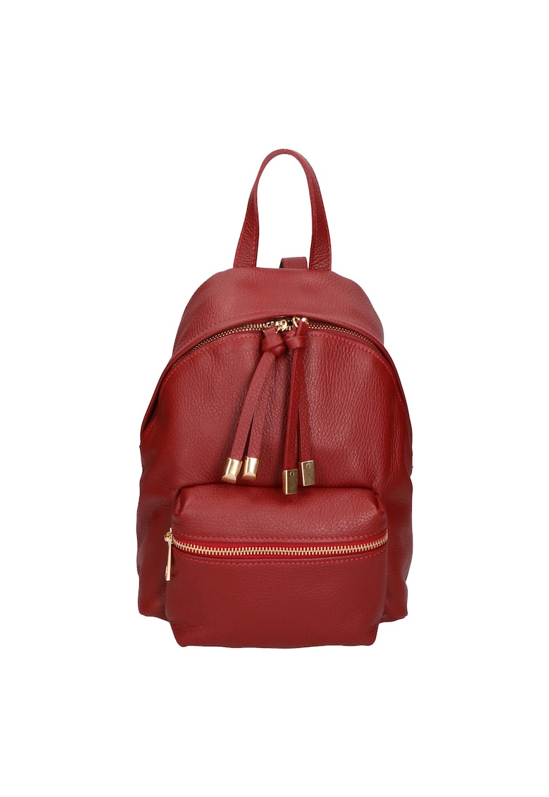 Rucsac din piele cu buzunar frontal cu fermoar - Rosu inchis