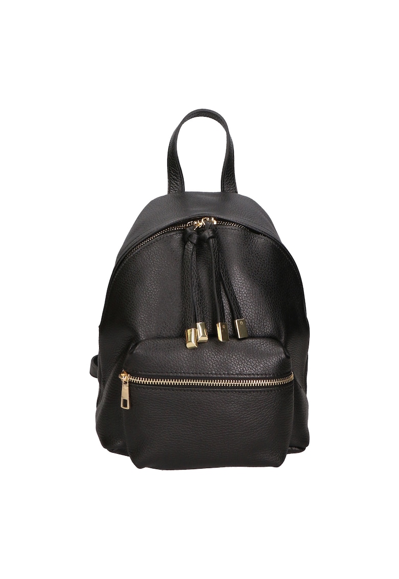 Rucsac din piele cu buzunar frontal cu fermoar - Negru