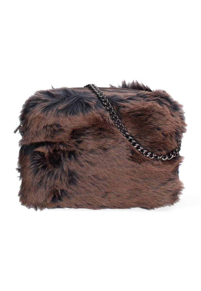 Geanta cu aspect pufos si bareta din lant pentru umar - Maro inchis