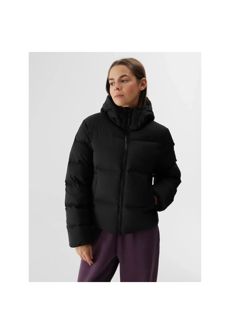 Jacheta de schi din puf neagra - poliester - cu gluga detasabila - pentru femei