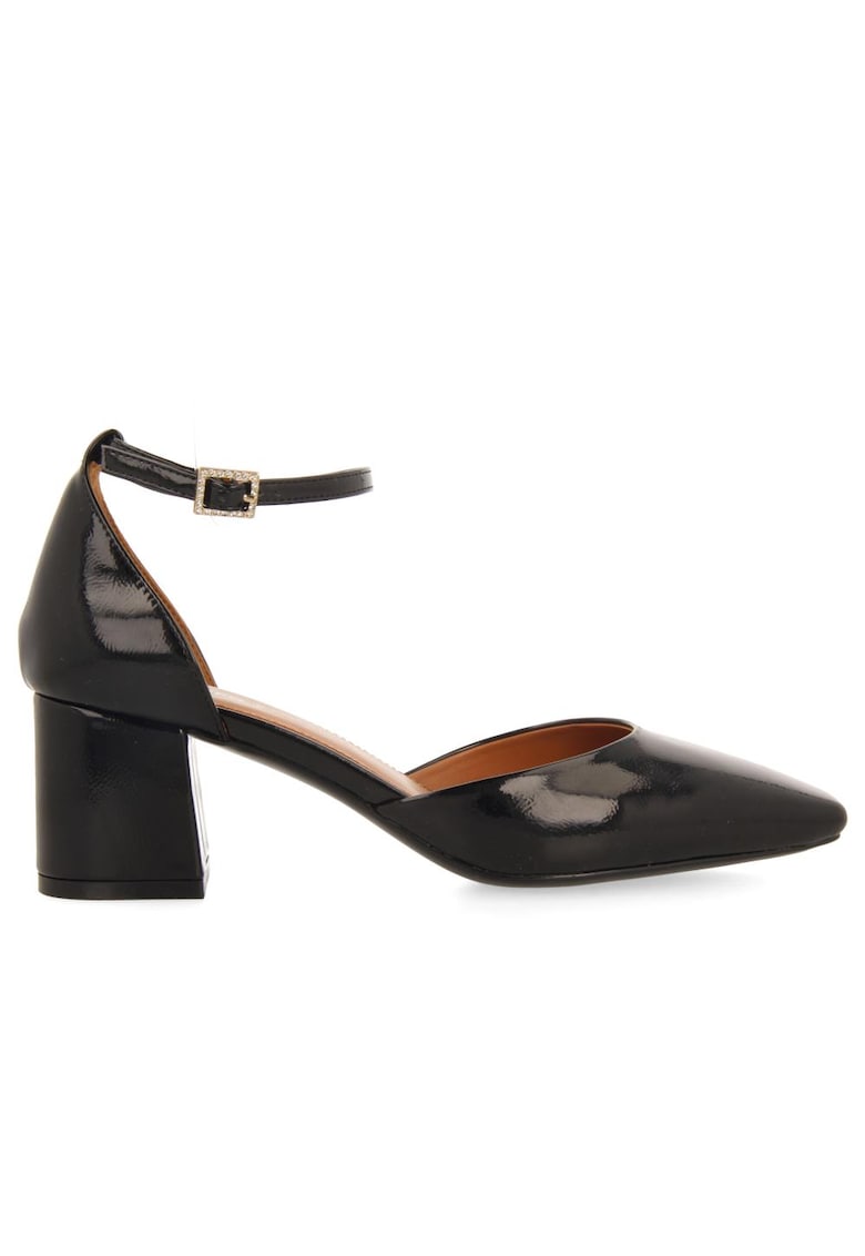 Pantofi de piele ecologica cu aspect lacuit si toc masiv