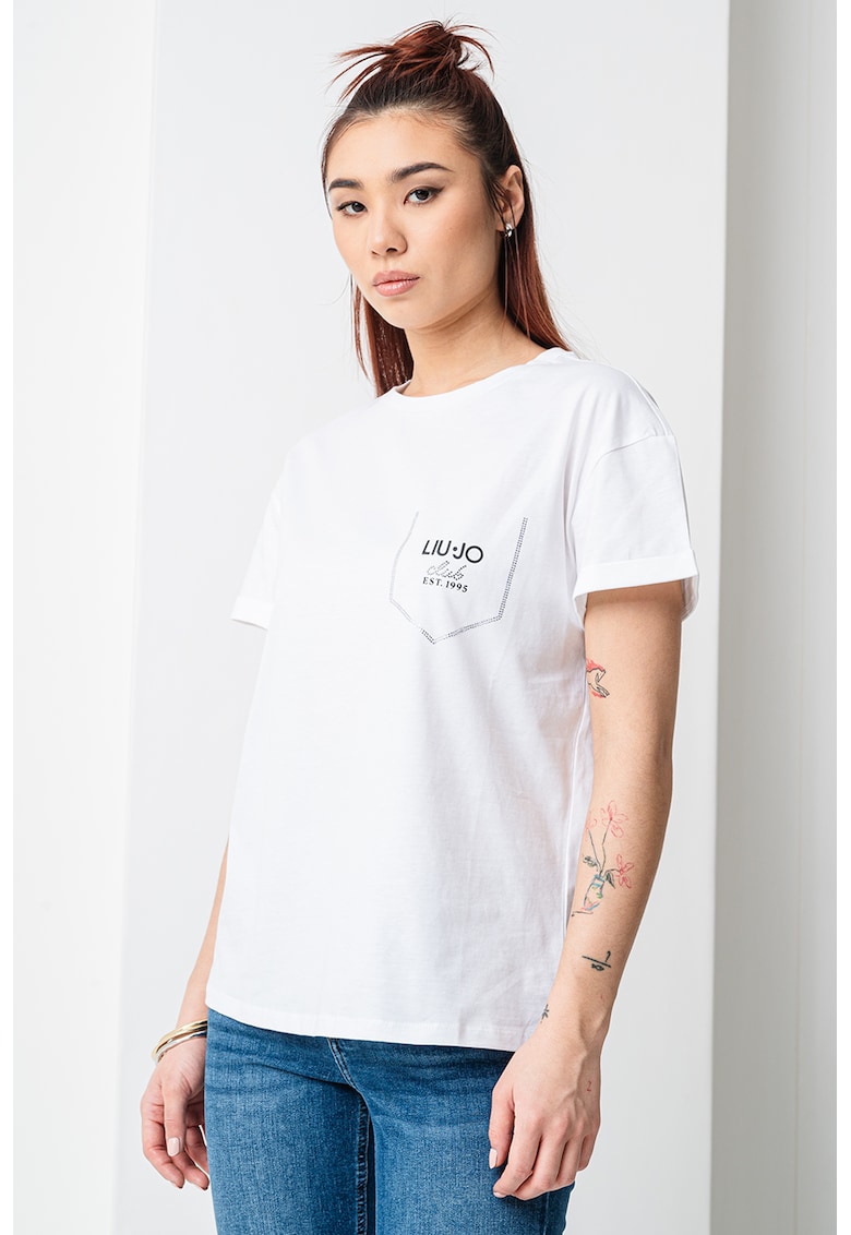 Tricou de bumbac cu decolteu la baza gatului - Alb