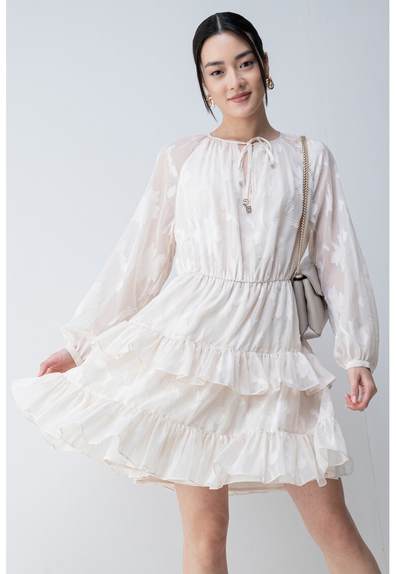 Rochie scurta cu maneci lungi si volane - Crem