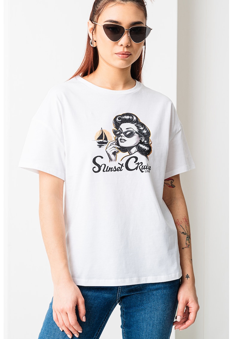 Tricou cu decolteu la baza gatului si imprimeu - Alb optic