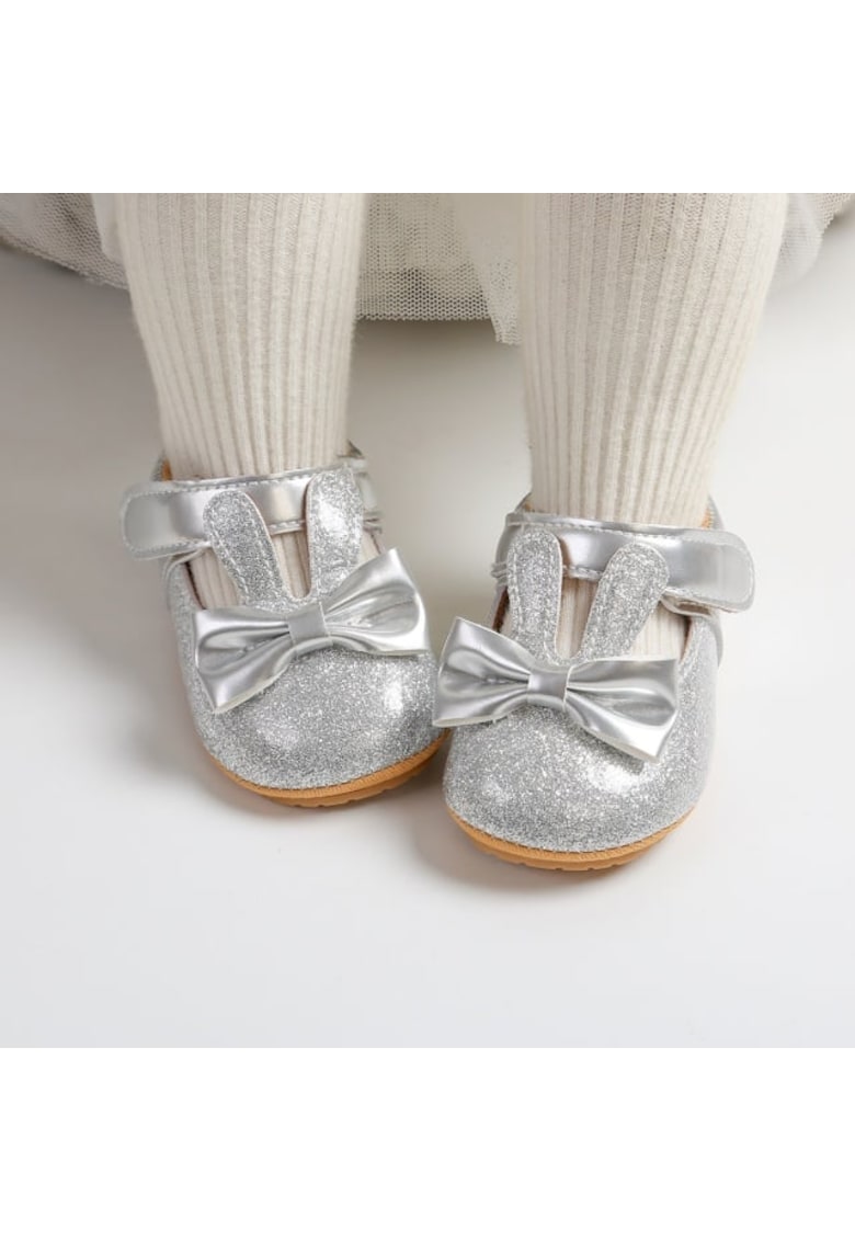 Pantofi Cu Sclipici Si Urechiuse De Iepuras - Elegant - Piele ecologica - Fete - Velcro - Argintiu
