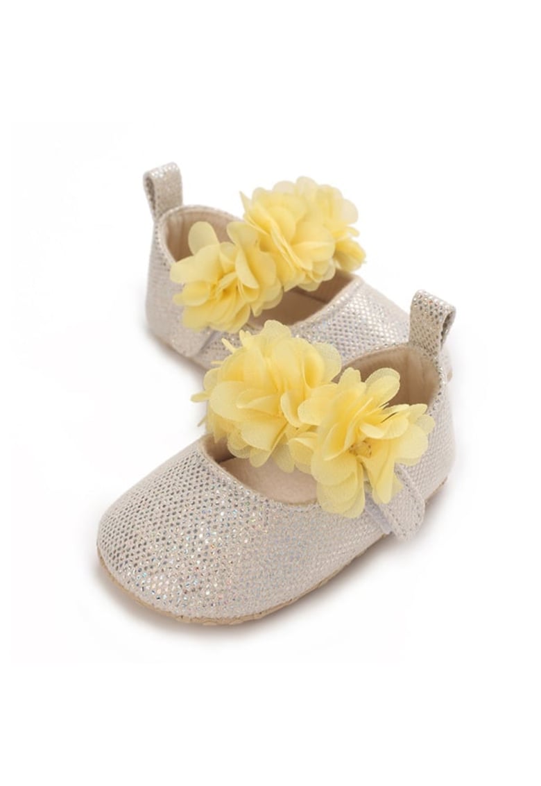 Pantofi Metalizat - Cu Floricele Galbene - Casual - Textil - Fete - Velcro - Ivoire