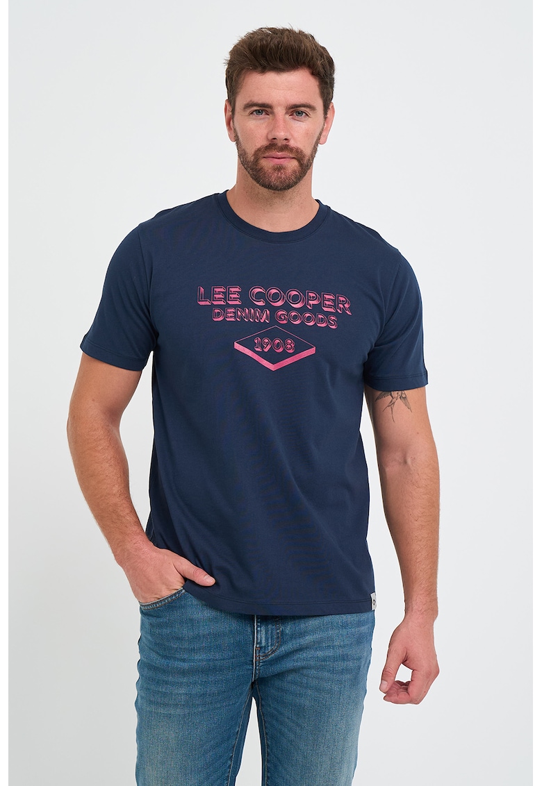 Tricou din bumbac cu decolteu la baza gatului si imprimeu logo - Fucsia/Albastru inchis