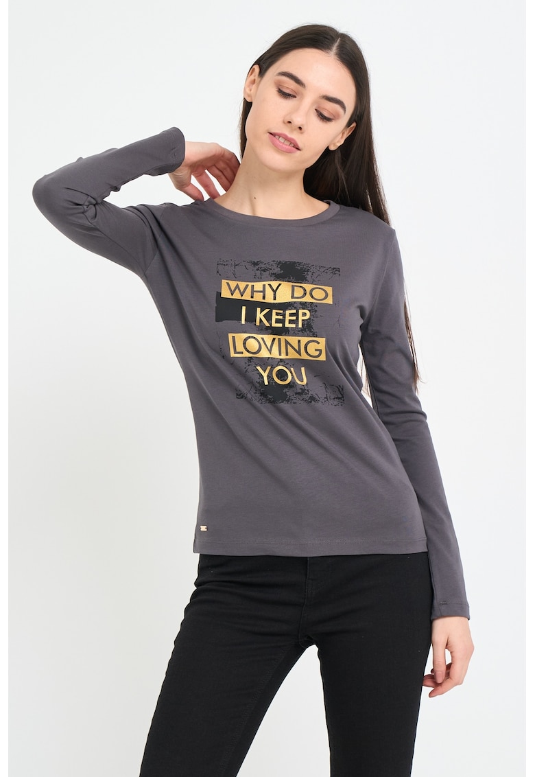 Bluza de bumbac cambrata cu model text - Gri inchis