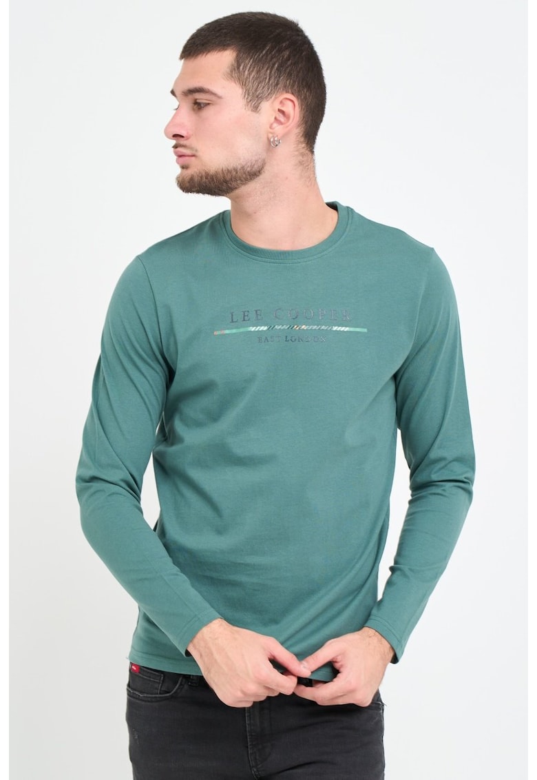 Tricou barbat cu maneca lunga cu imprimeu logo - Verde