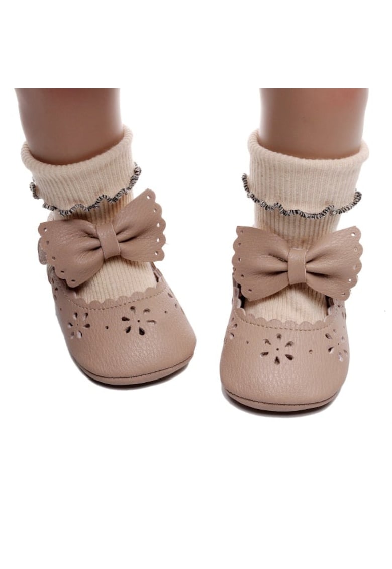 Pantofi Eleganti - Cu Fundita Si Perforatii Florale - Piele ecologica - Fete - Velcro - Roz Pudrat