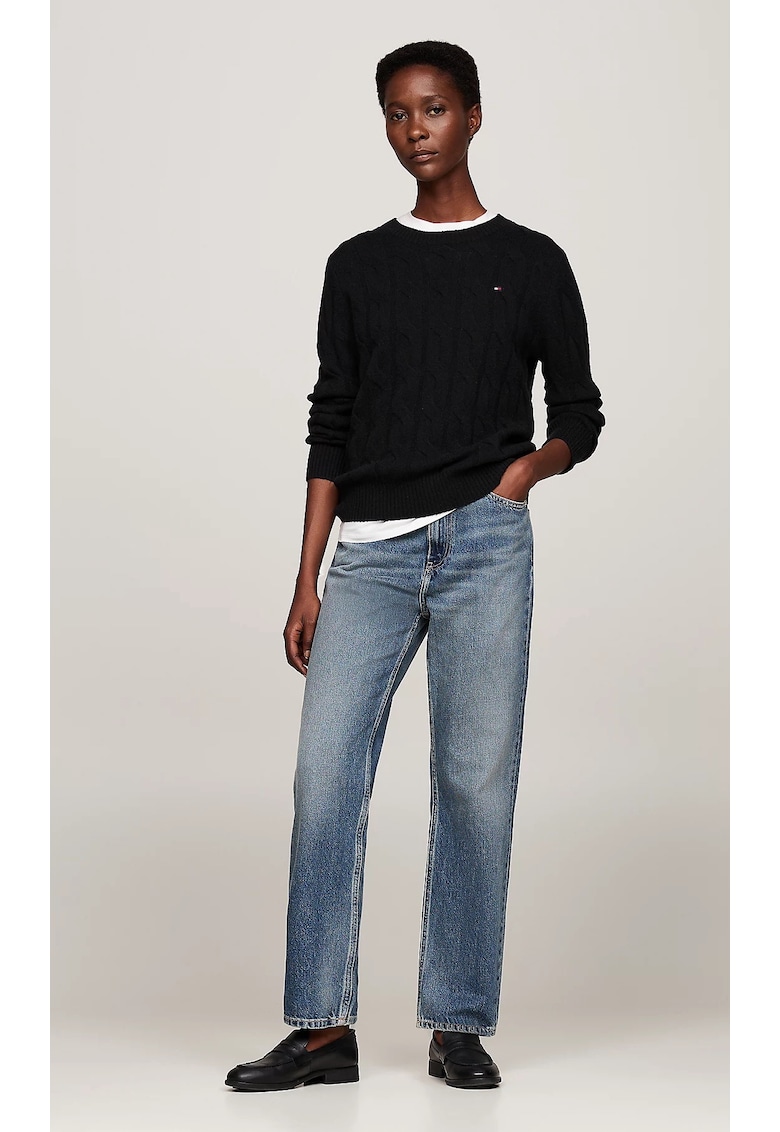 Pulover dama - negru - lana pura - tricot cu cablu - guler inalt