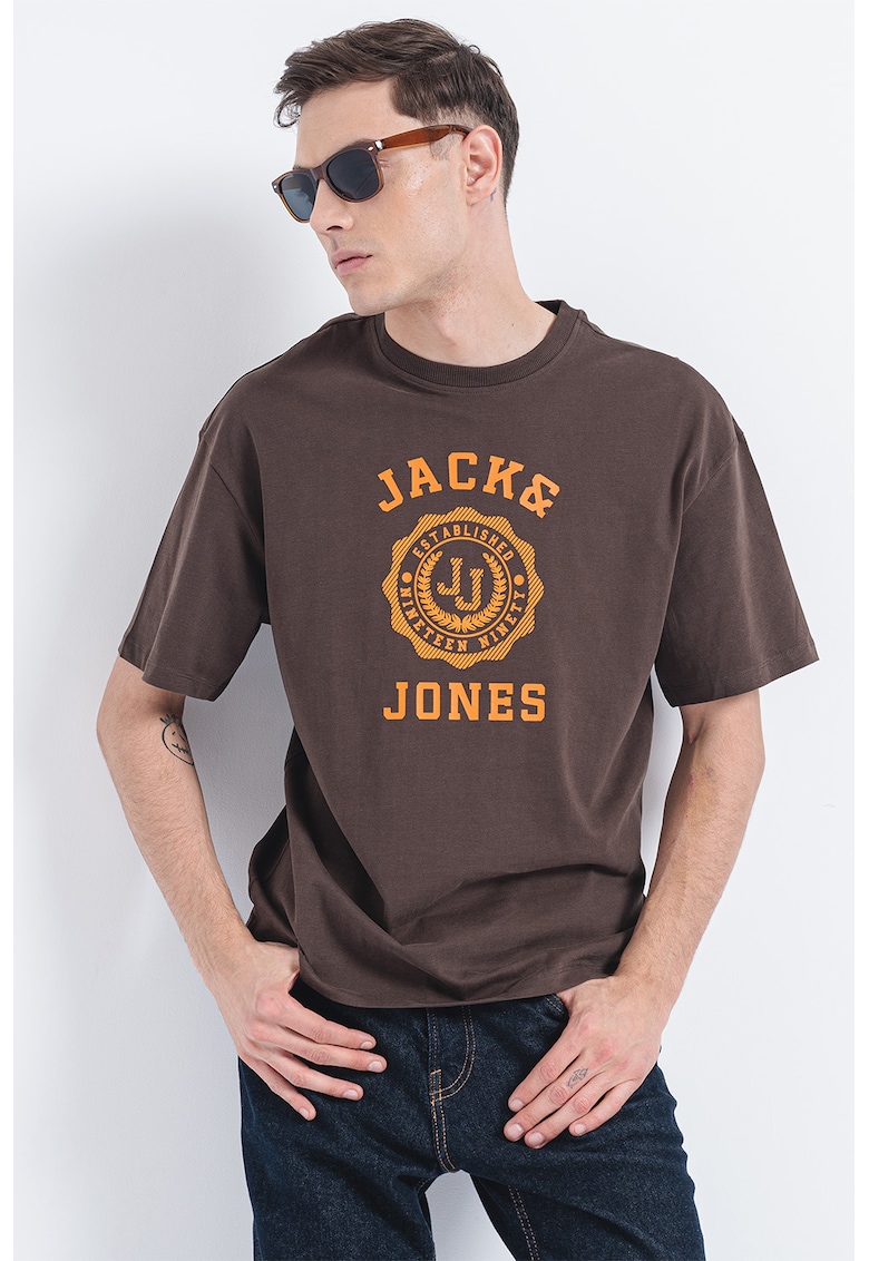 Tricou din bumbac cu decolteu la baza gatului si imprimeu logo