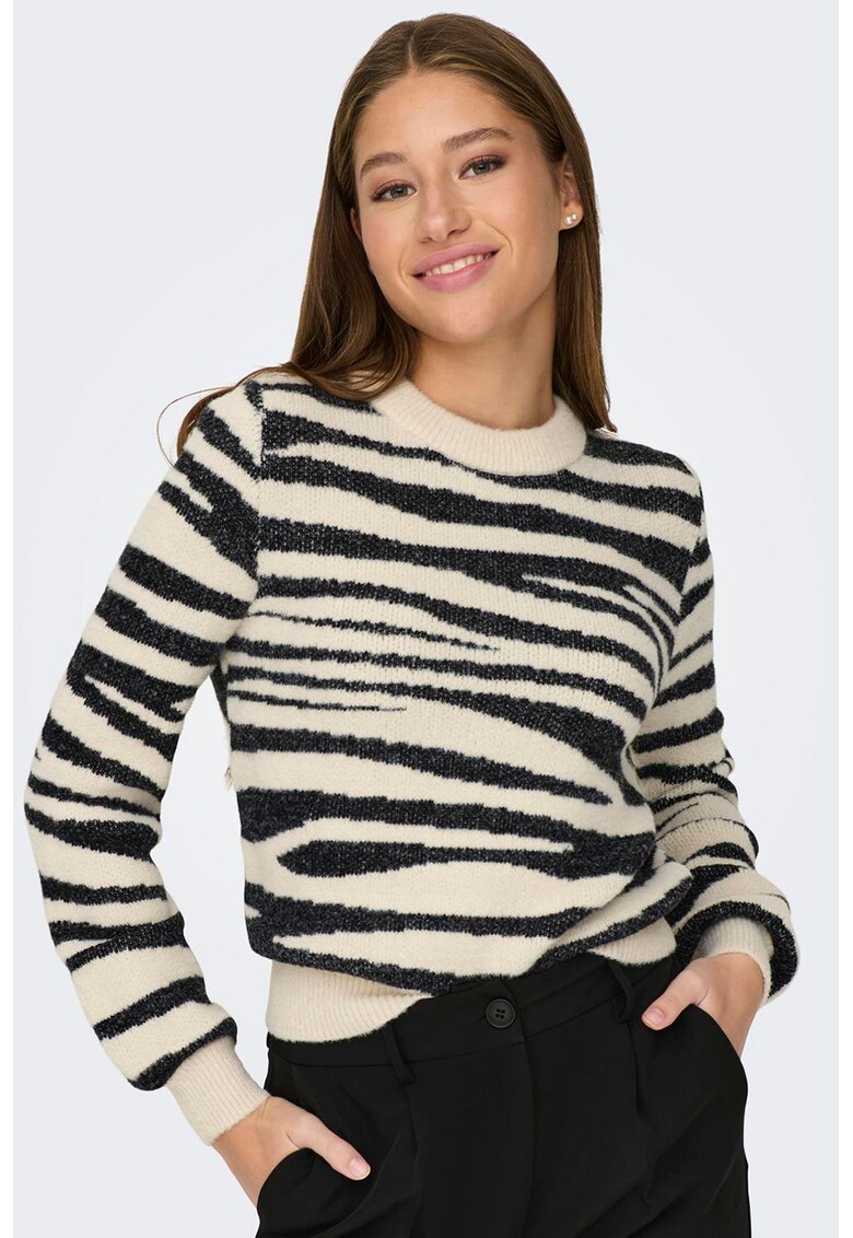 Pulover cu animal print si decolteu la baza gatului - Negru/Crem