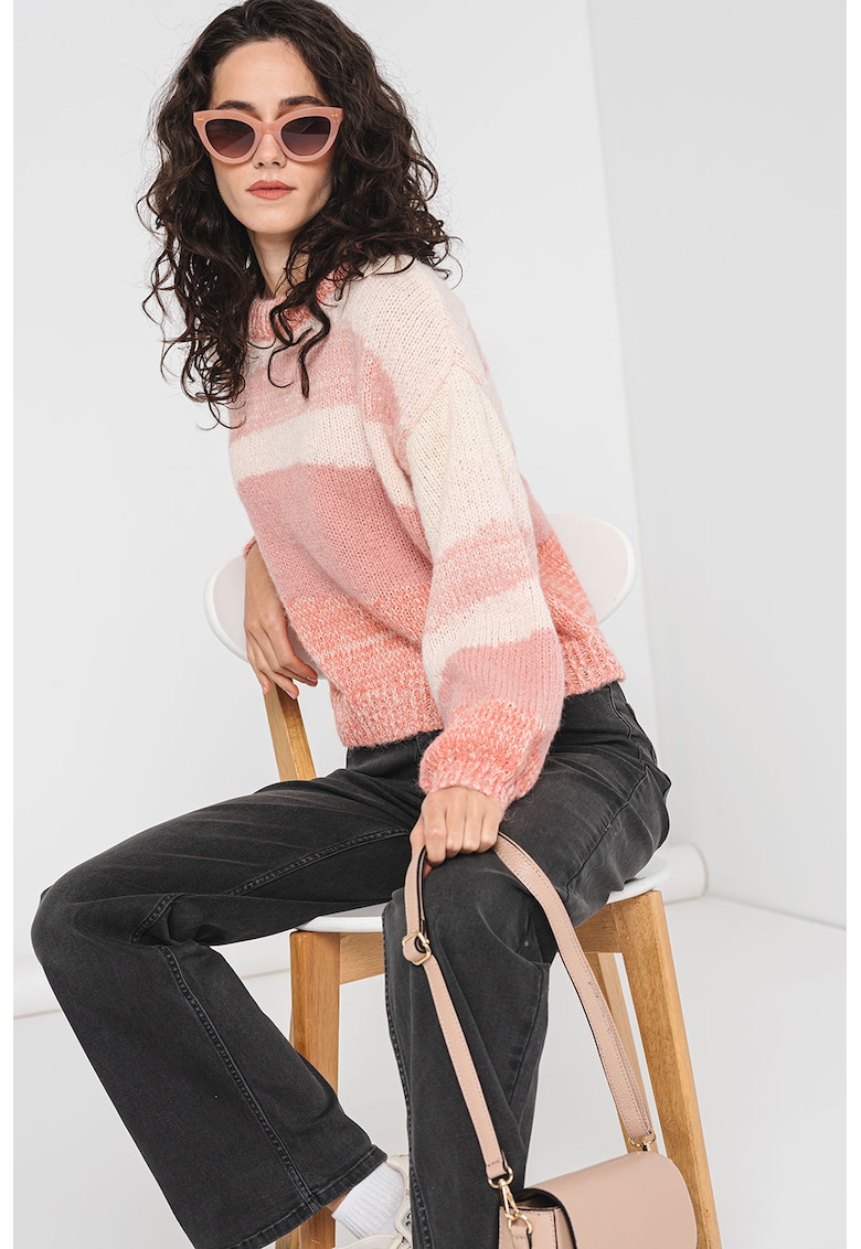 Pulover cu model in dungi Jenny - Alb fildes/Roz somon