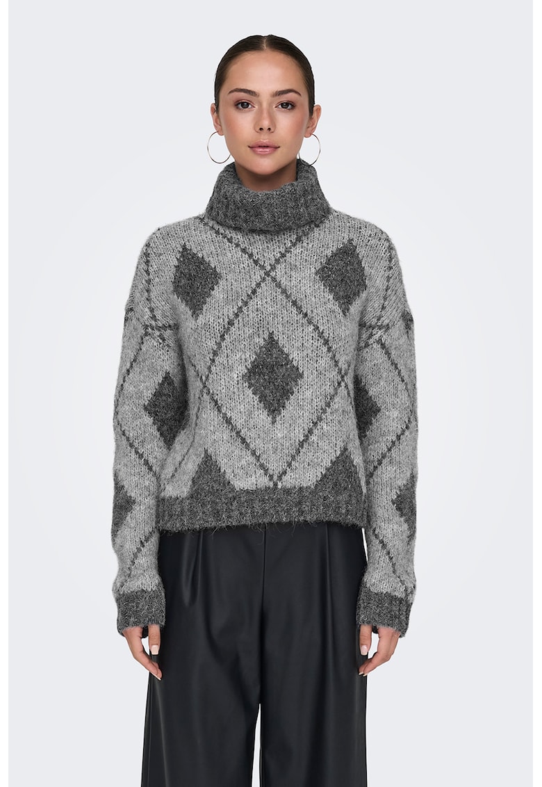 Pulover din amestec de lana si jacquard cu guler inalt