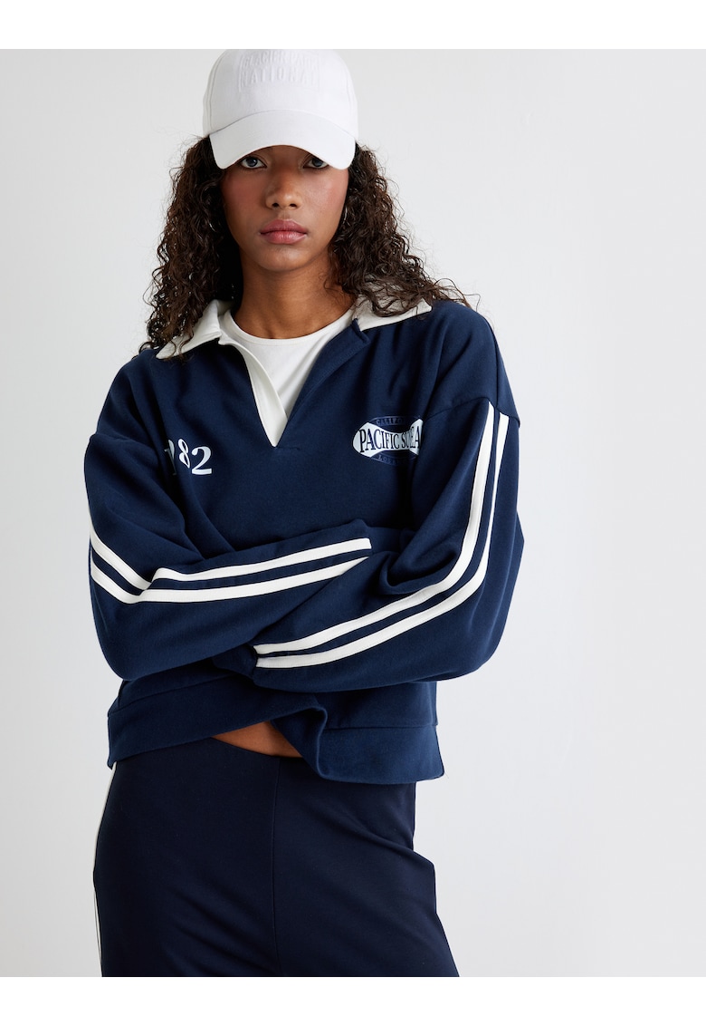 Bluza de trening din amestec de bumbac cu benzi contrastante - Bleumarin