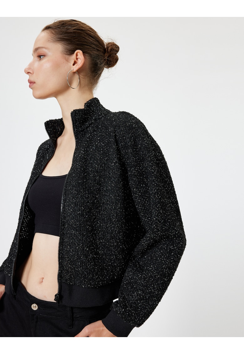 Cardigan crop cu fermoar si aspect stralucitor