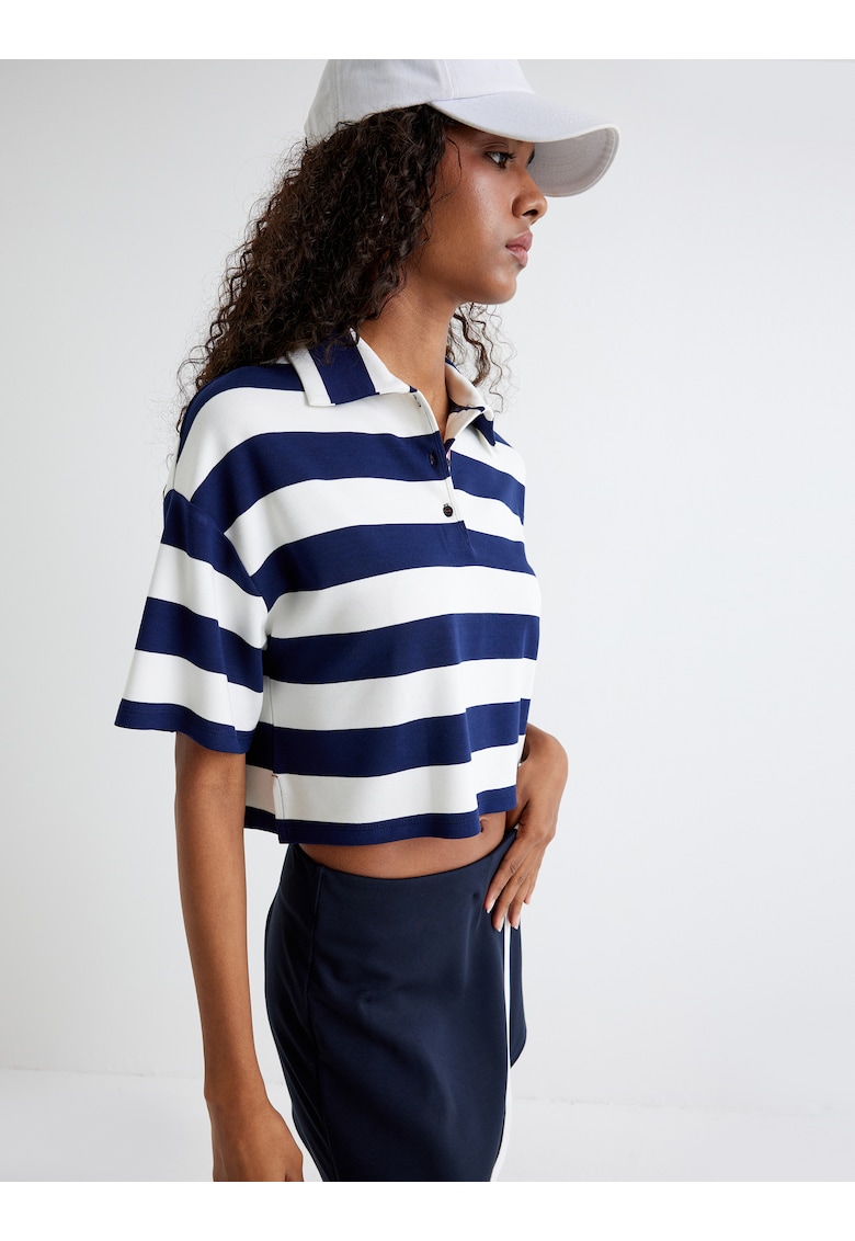 Tricou polo crop cu model in dungi