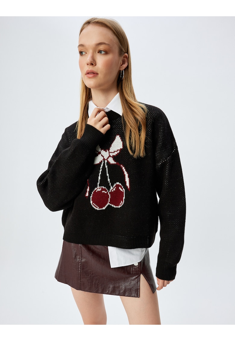 Pulover relaxed fit cu model cu cirese - Negru