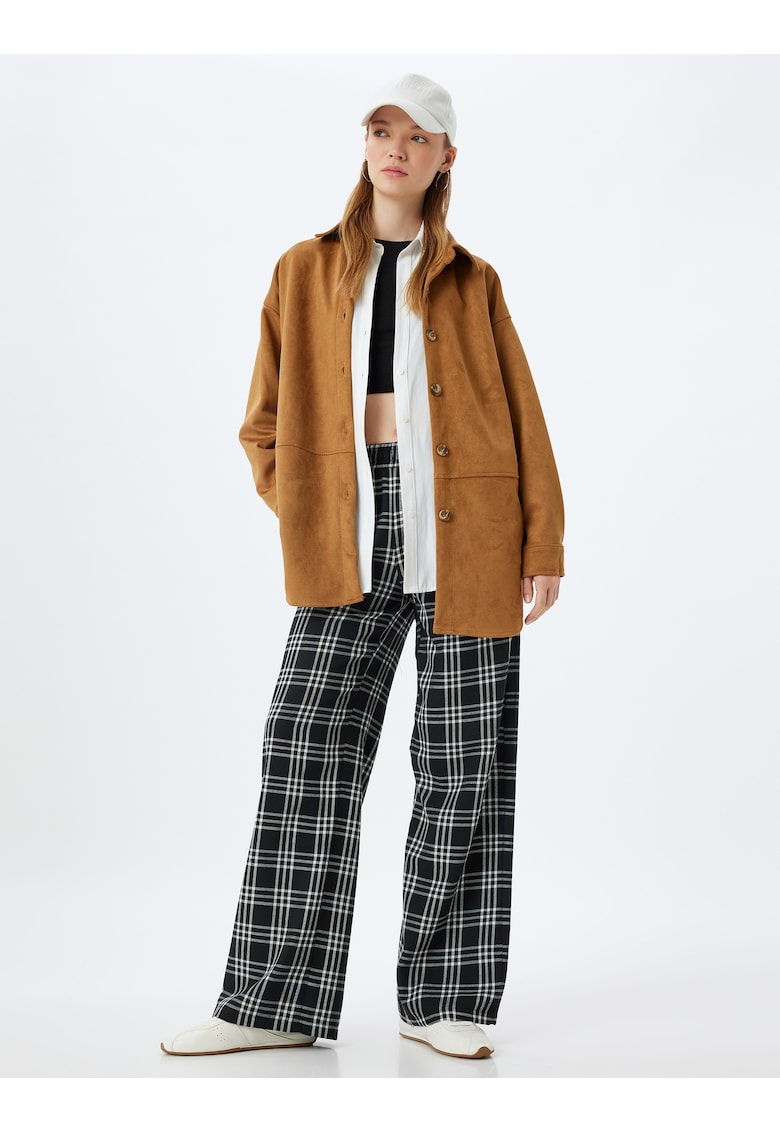 Pantaloni cu model in carouri si talie inalta