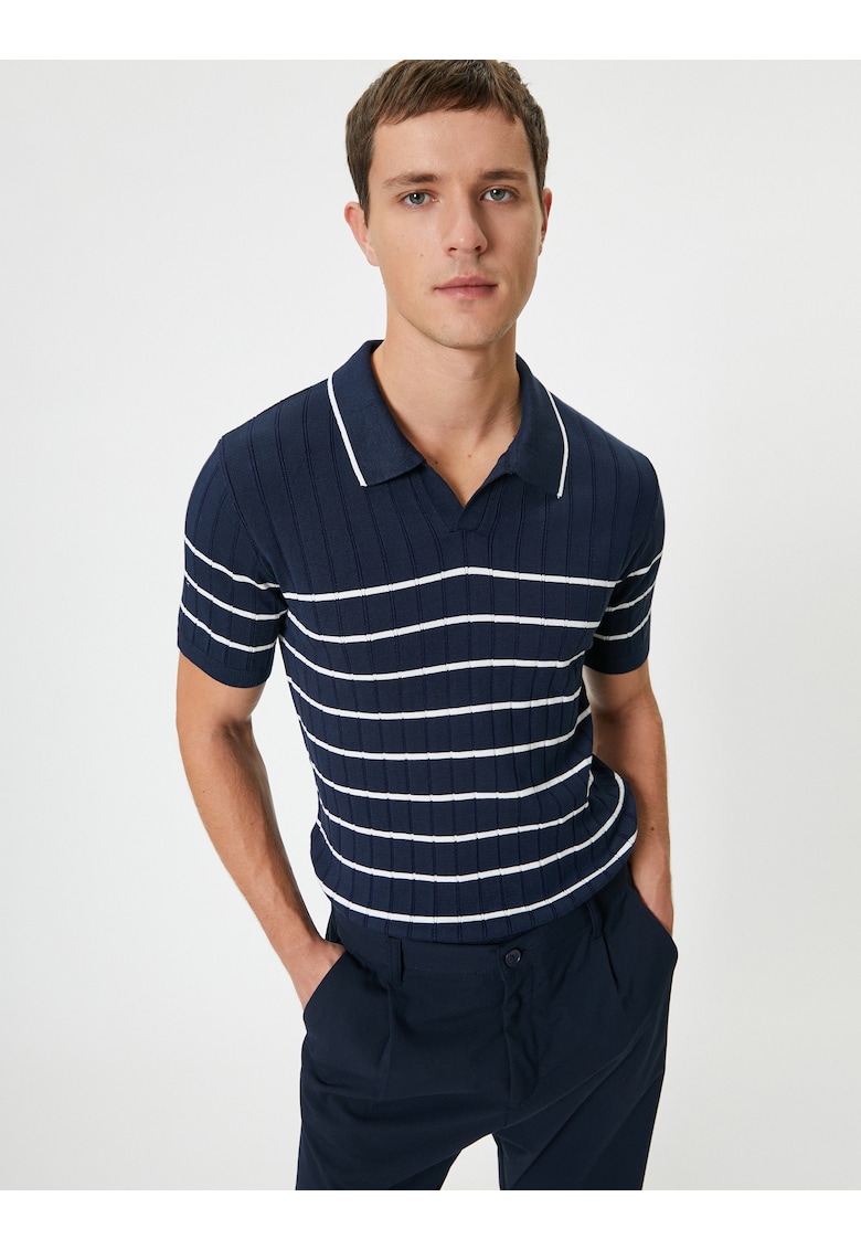 Tricou polo tricotat fin cu dungi - Bleumarin