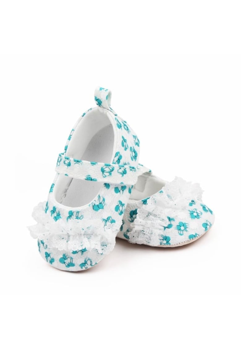 Pantofi Cu Danteluta Si Floricele - Casual - Textil - Fete - Velcro - Alb - Verde