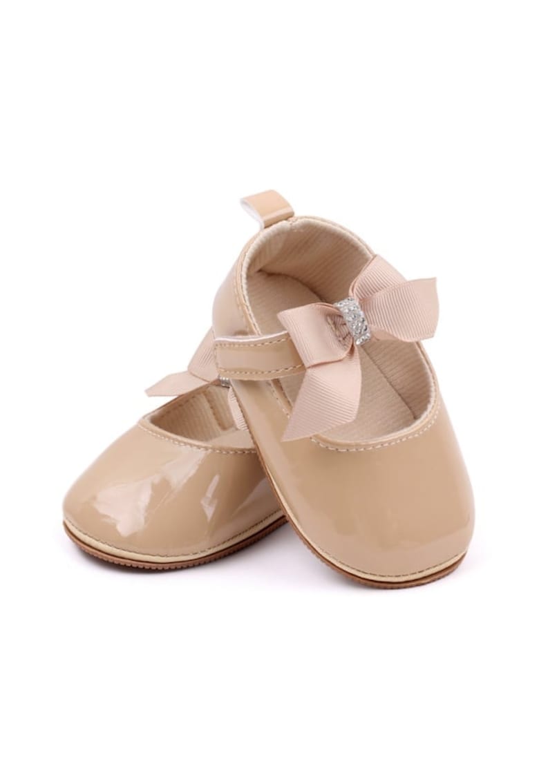 Pantofi Din Lac - Cu Fundita Si Strasuri - Elegant - Piele ecologica - Fete - Velcro - Crem