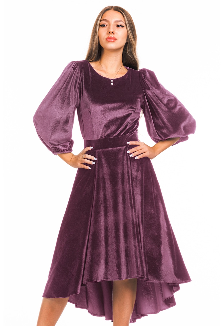 Rochie catifelata asimetrica cu maneci bufante