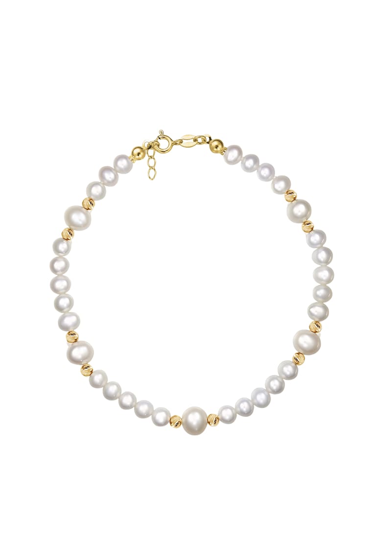 Bratara Aur 585 - 14K cu perle de cultura albe 5+6mm si bile aur - inchizatoare clasica