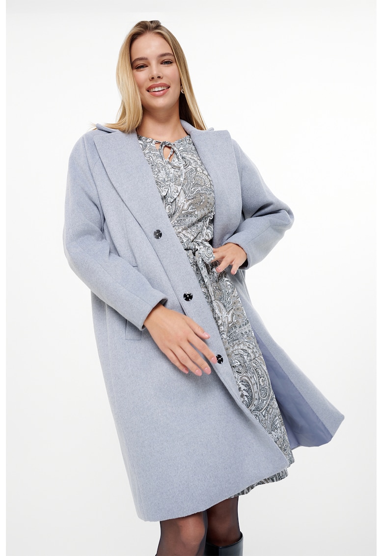 Palton din amestec de lana cu revere decupate - Albastru lavanda