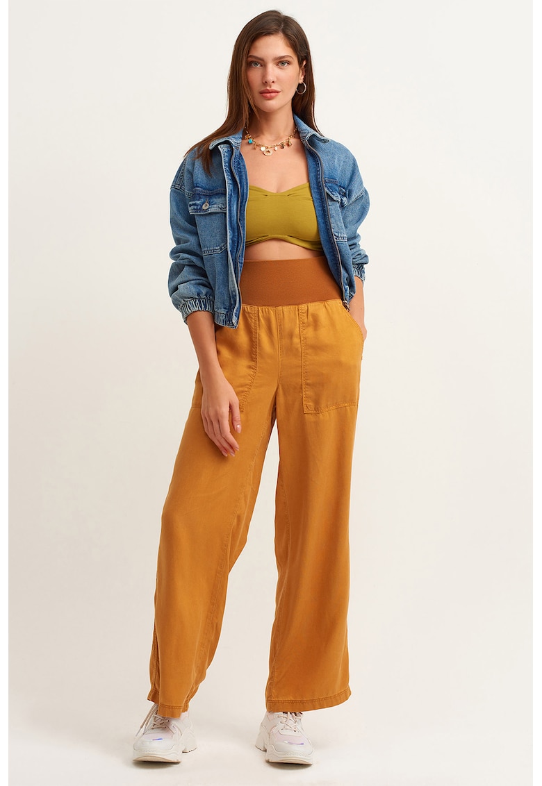 Pantaloni drepti din amestec de lyocell cu talie inalta