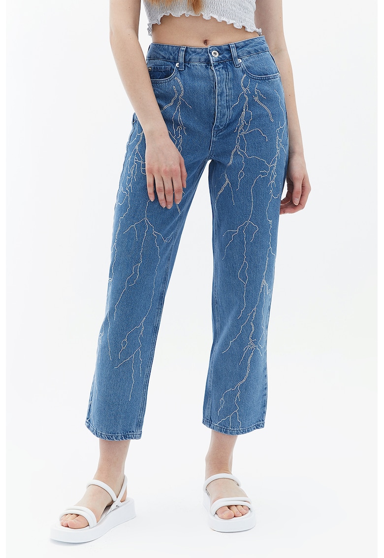 Blugi crop cu talie inalta si strasuri