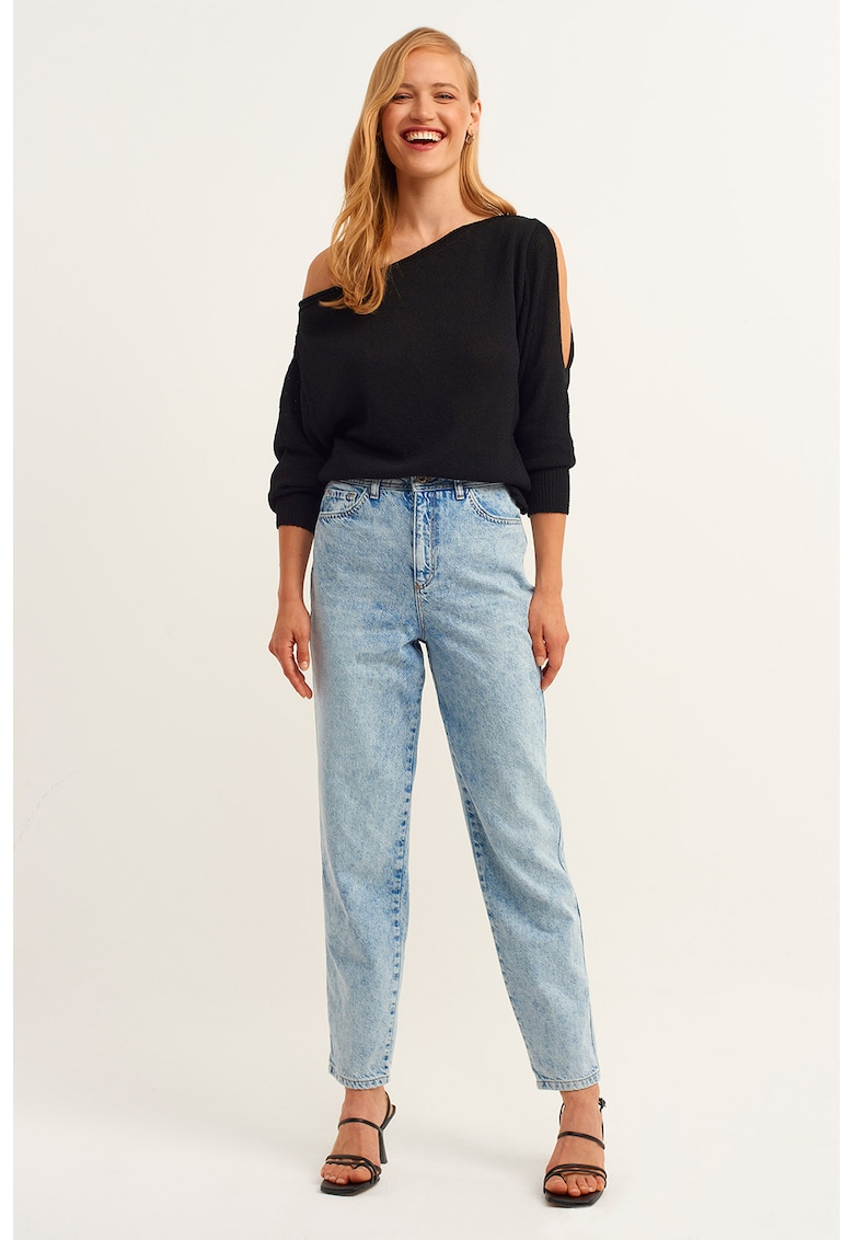 Blugi mom-fit cu aspect decolorat si talie inalta