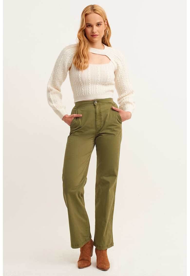 Pantaloni drepti cu talie inalta - Verde masliniu