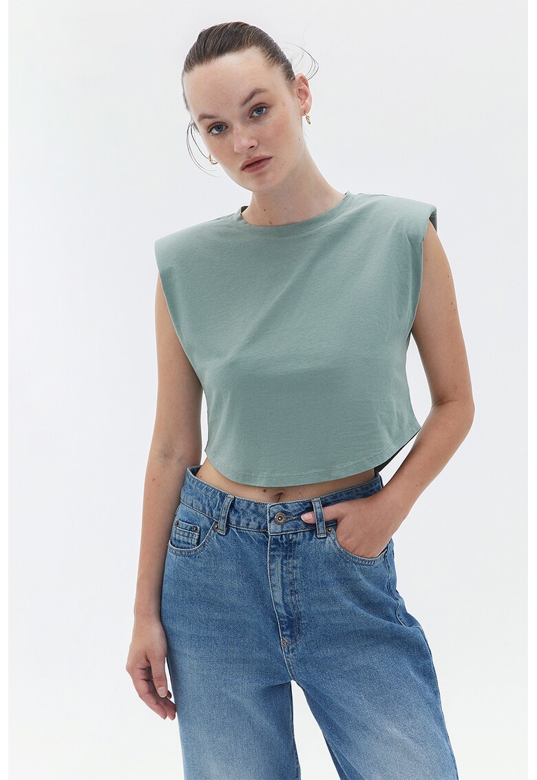 Top crop cu umeri intariti - Verde deschis