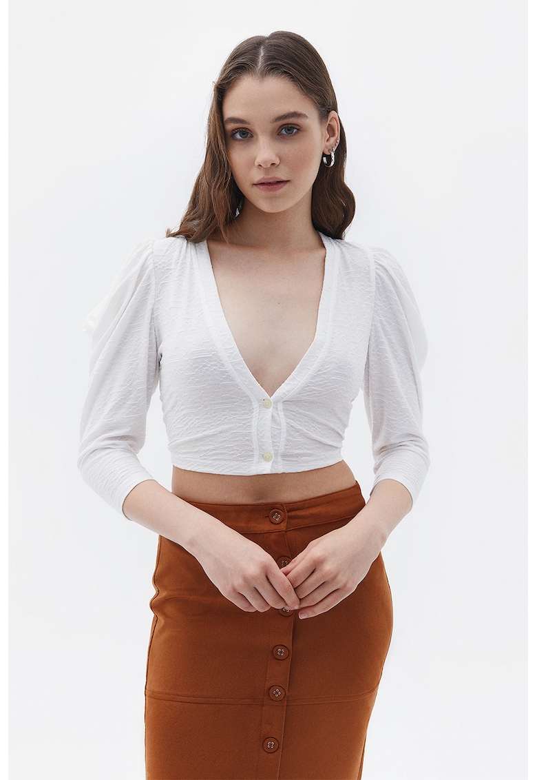 Bluza crop cu decolteu in V si maneci bufante